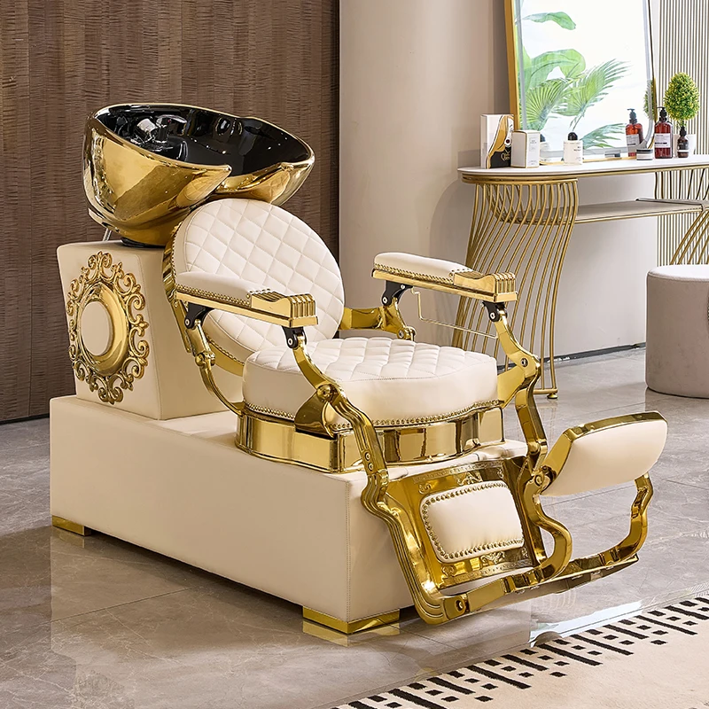 White Gold Vintage Barber Hair Washing Bed Salon Equipment Backwash Barber Shampoo Chair With Ceramic Bowl