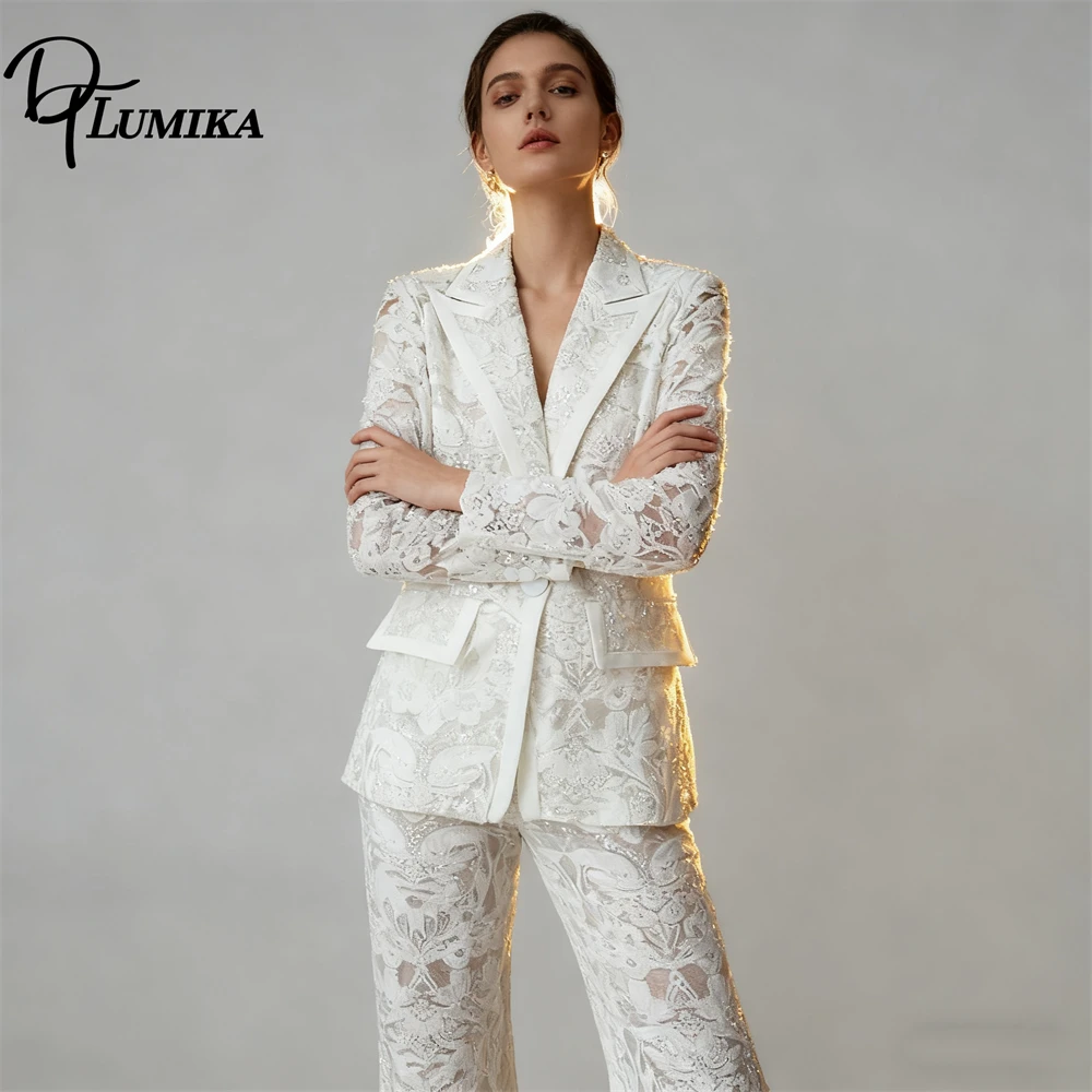 Mesh Lace Suit Set for Women, Slim Fitting Sequins Shiny 2-Piece Tuxedo, Business Formal Dinner Suits Jacket Pants Set