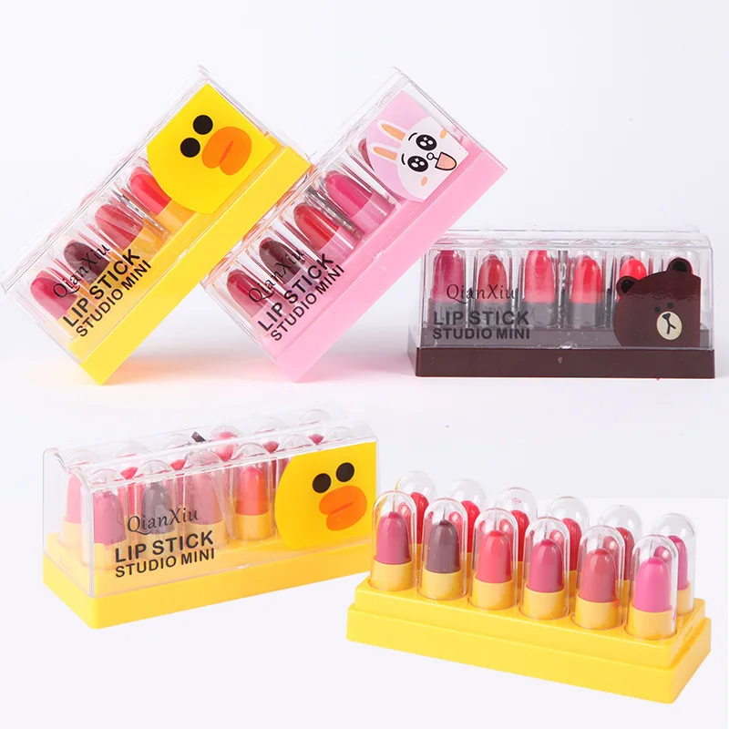 Mini lápiz labial mate de dibujos animados para mujer, 12 piezas, resistente al agua, de larga duración, portátil, productos de maquillaje