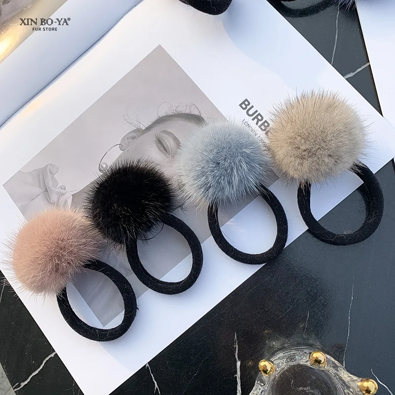 Real Mink Fur Pompom Cute Hair Accessories Girl Pom Pom Headwear Flower Hair Bands For Girls Women Hair Ring Eeaddress