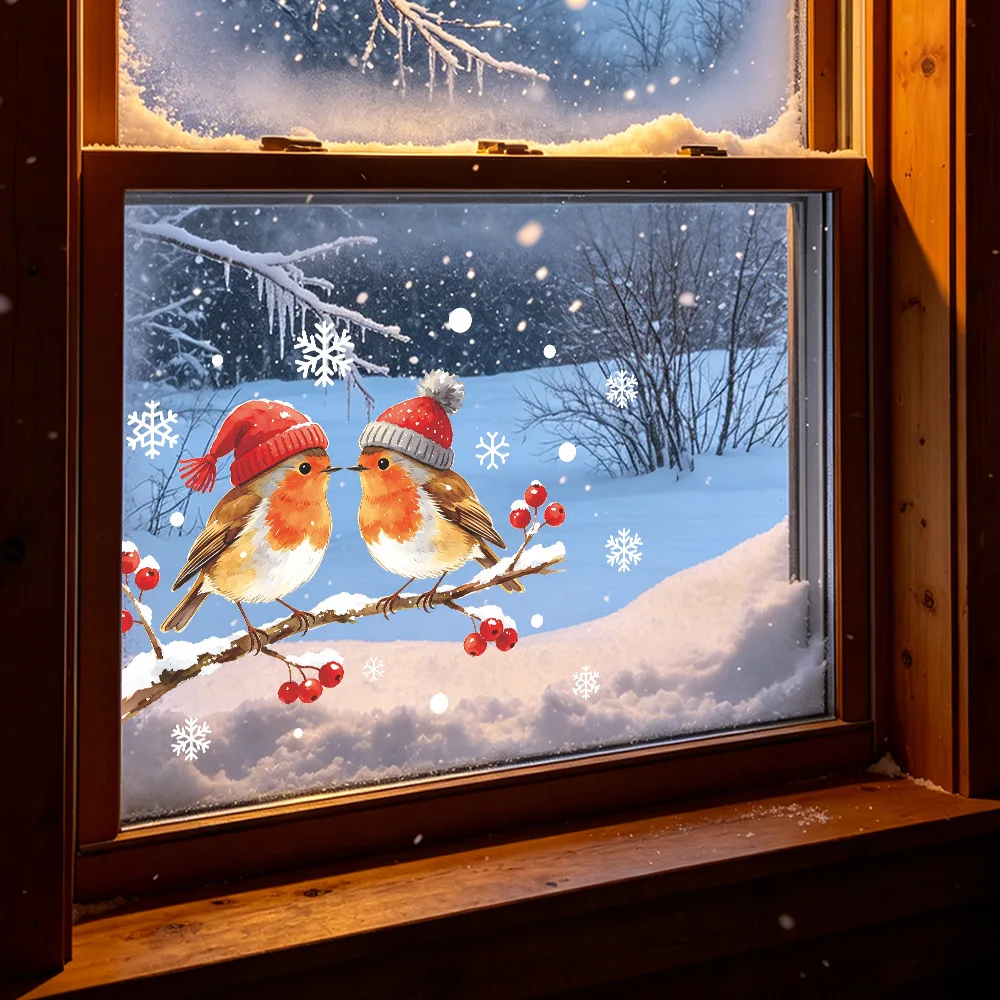 Christmas Santa Hat Red Berry Branch Bird Snowflake Self‑Adhesive Window Sticker, Balcony Glass Window Xmas Festive Glass Decal