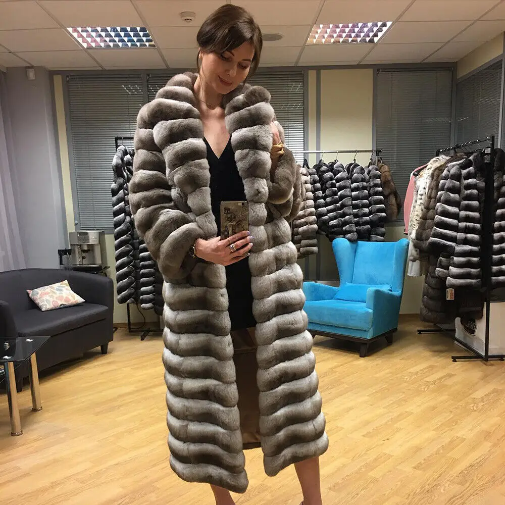 Women Luxury Real Rex Rabbit Fur Shawl Collar Long Coat Winter Warm Chinchilla Jacket Natural Genuine Fur Overcoat