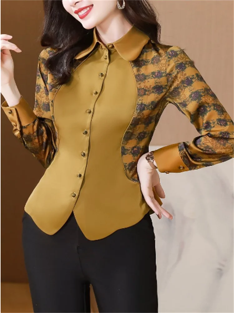 Slim Ladies Blouses Satin Shirt For Women Cardigan Blous Top Thin Bottom Shirt Woman Vintage Blouse Laple Button Up Female Shirs