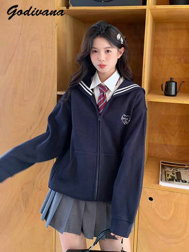 Preppy Style fille étudiant col marin à manches longues brodé lâche fermeture éclair Cardigan veste femmes printemps et automne manteau à capuche