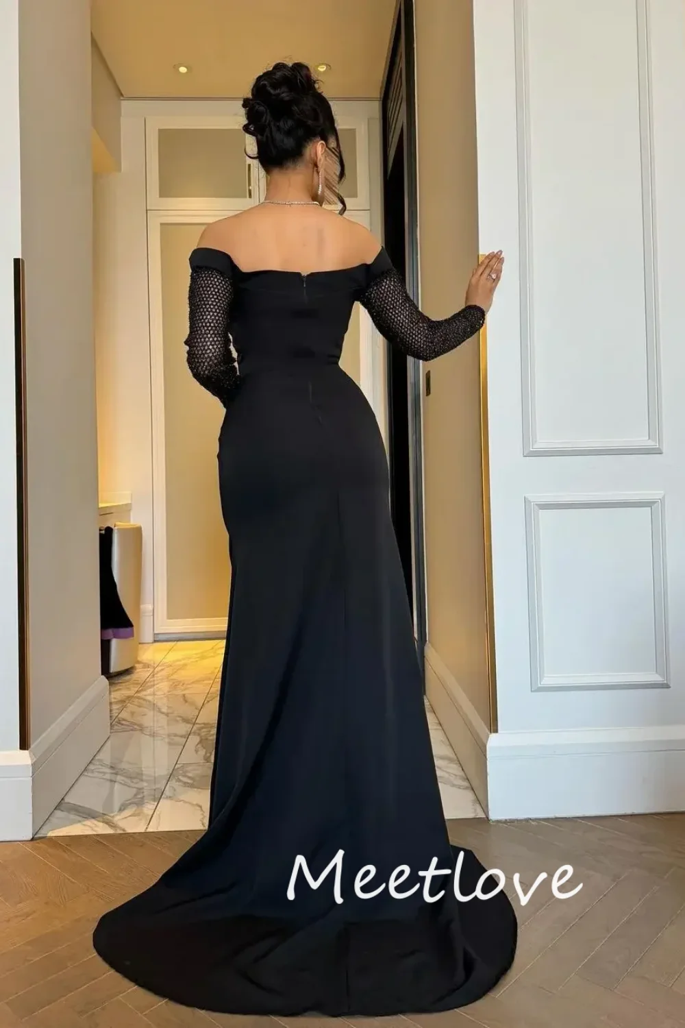 Meetlove 2024 Customized A-Line Off Shoulder Long Sleeves Side Slit Prom Dress Evening Party Dresses Formal Gowns