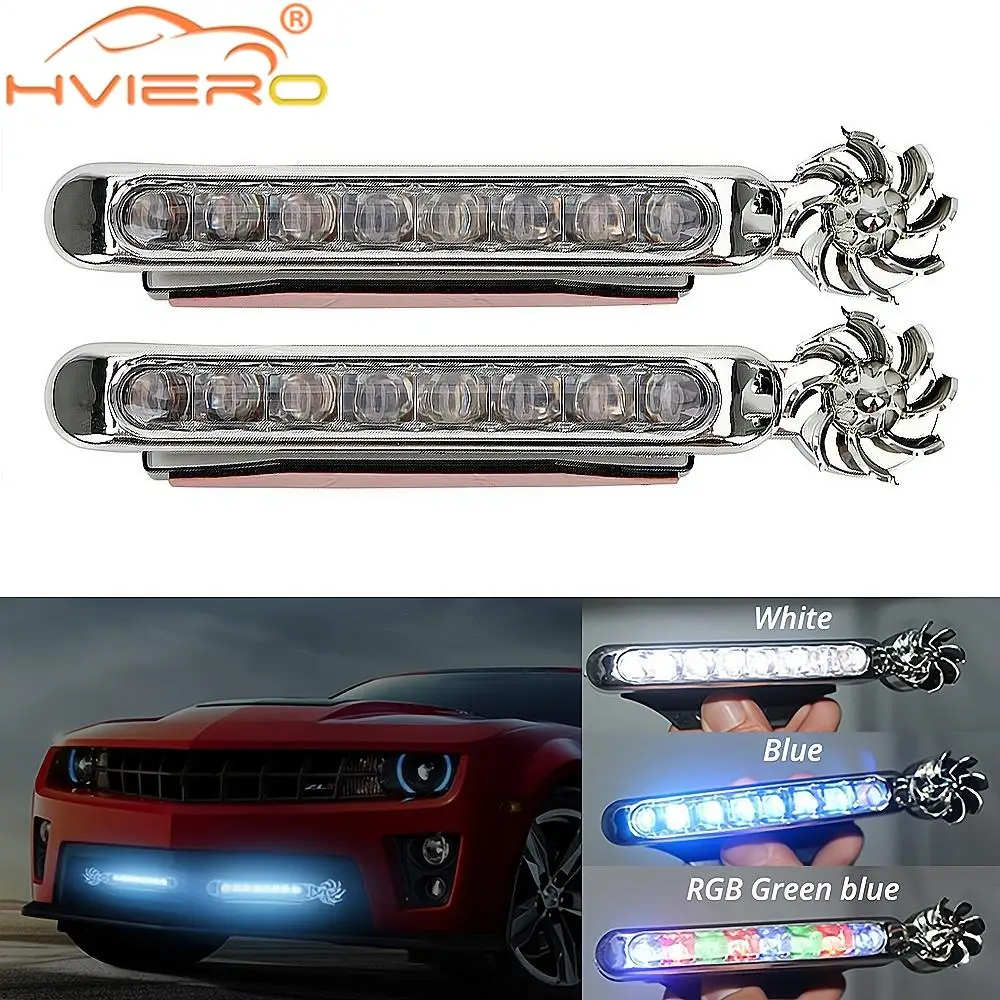 2X Wind Powered Car DayTime Running Lights 8LED Rotation Fan Daylight No Need External Power Supply Auto Decorative Lamp DRL Led