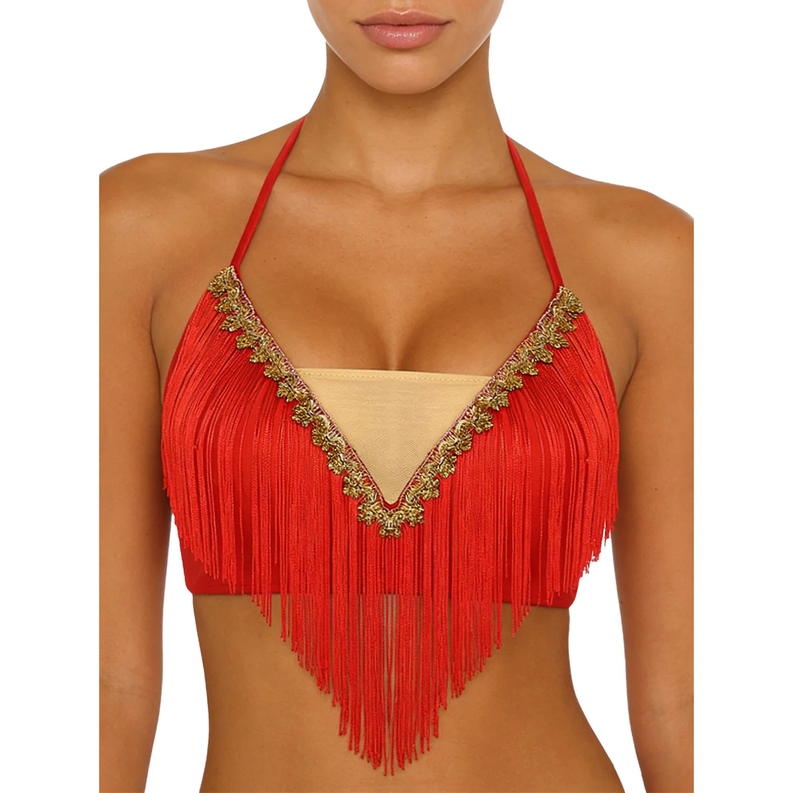 Women Lace-up Tassel Belly Dance Crop Top Vest Bellydance Halter Gold Trim Fringe Camisole Dance Sling Top for Stage Performance