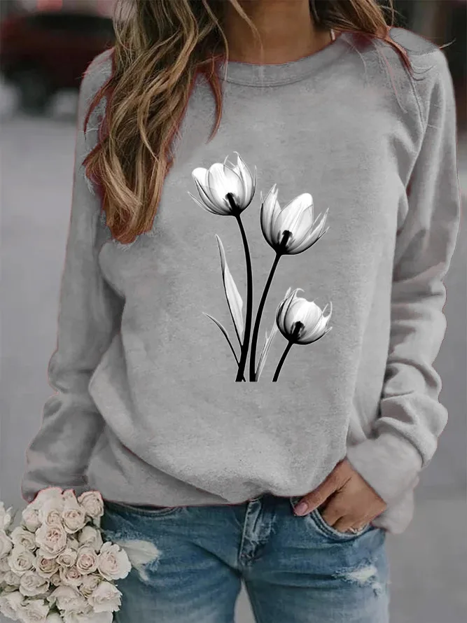 

Multi Color Fashionable Simple Flower 3d Digital Printing Long Sleeved Round Neck Raglan Sweatshirt For WomenWA2