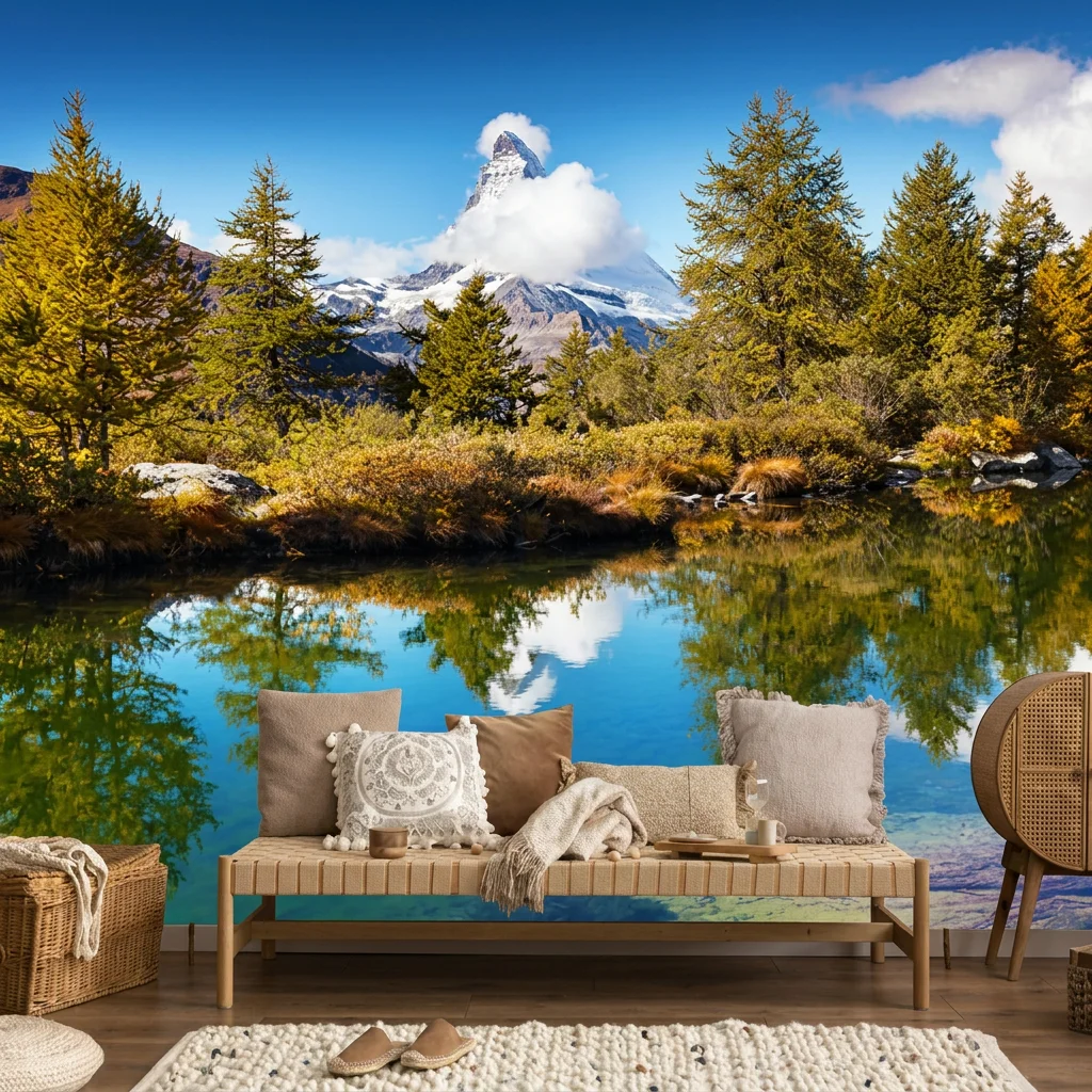 Self-adhesive material featuring golden larch trees and clear lake water, perfect for autumn larch bedroom background wall.