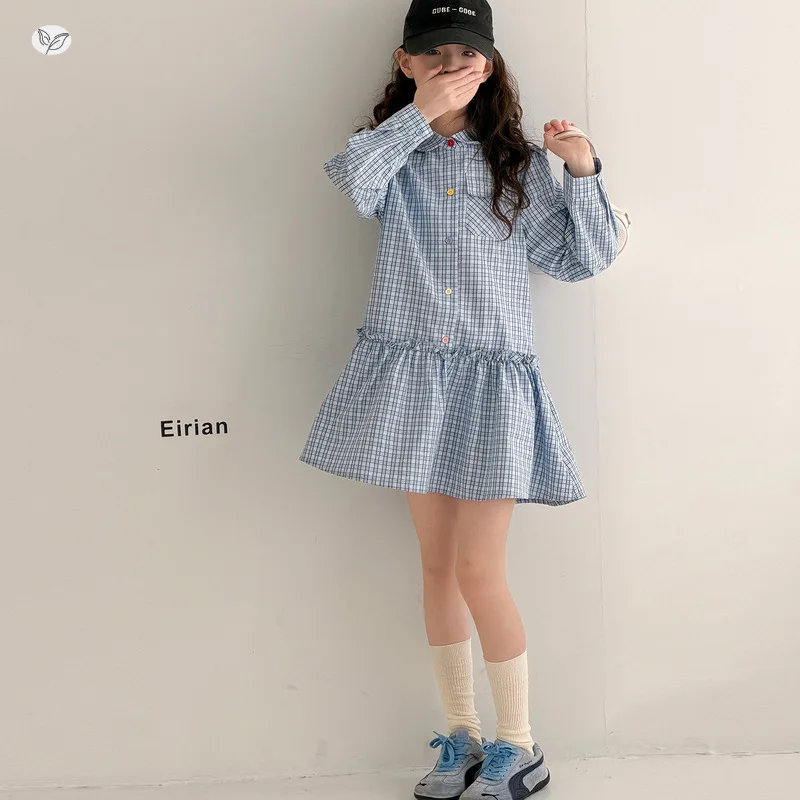 Girls' plaid dress2026New autumn style school-style button-up shirt dress with lace long sleeves for older children
