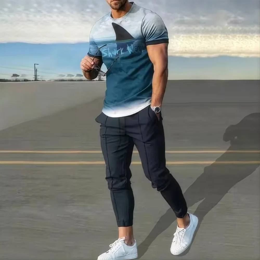 

GELITAYIN Summer Fashion New Men's Pants Sports Set 3D Printed Striped Short Sleeve T-shirt+Pants 2-piece Set Men's Sports Set