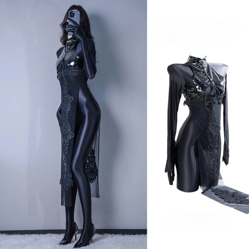 

customized imperial sister high slit cheongsam lacquered leather horse oil shiny base coat set cosplay costume jumpsuit