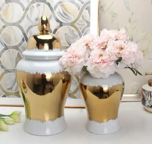 Minimalist Gold Plated Porcelain General Jar with Lids Ceramic Flower Vases Desk Decoration Jewelry Jars Cosmetic Containers