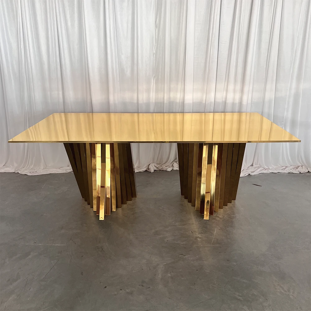 

Luxury Golden Stainless Steel Rectangle Wedding Dining Table fit for 10 People