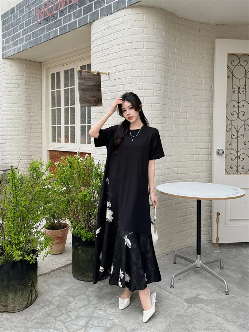 Abiti estivi da donna Edizione coreana Nuovo casual sciolto jacquard in raso stile cinese falso abito in due pezzi a maniche corte donna