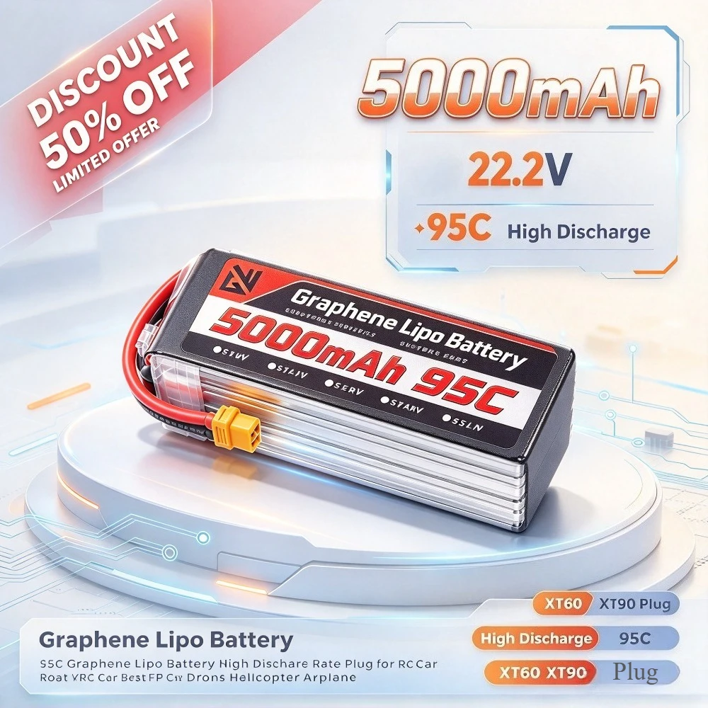 5000mAh 6S 22.2V 95C Graphene Lipo Battery High Discharge Rate with XT60 XT90 Plug for RC Car Boat FPV Drone Helicopter Airplane