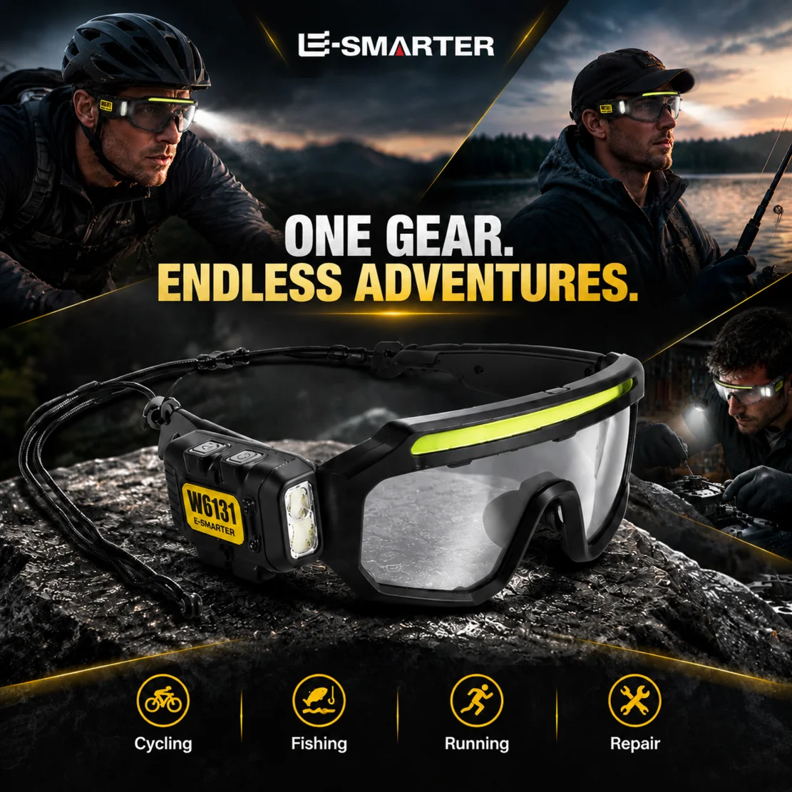 Running Headlamp - モーションセンサーとタッチコントロール機能を搭載した、充電式LEDメガネ型ヘッドライト。5つのモードを備え、USB-Cポートで充電可能。夜間ランニングに最適。