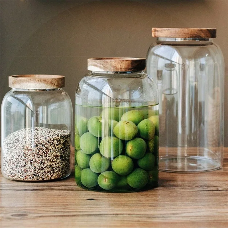 High borosilicate glass acacia wood lid glass jar food airtight storage jar large storage container Solid wood lid pickle jar