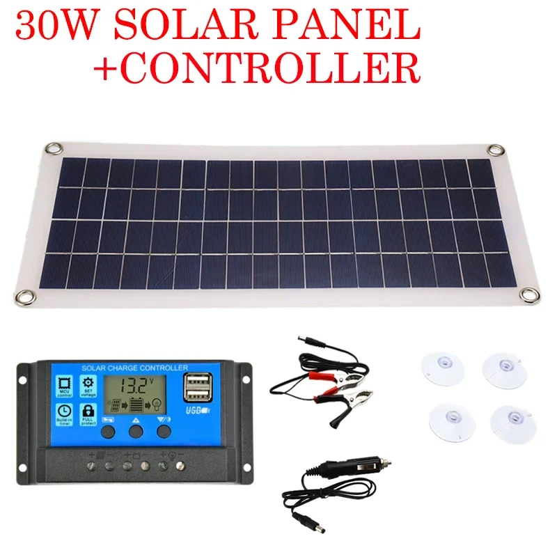 

30W Solar Panel 10-60A Controller for 12V/24V Battery Power Charger Solar Panel Dual USB Output Solar Cells Poly Solar Panel