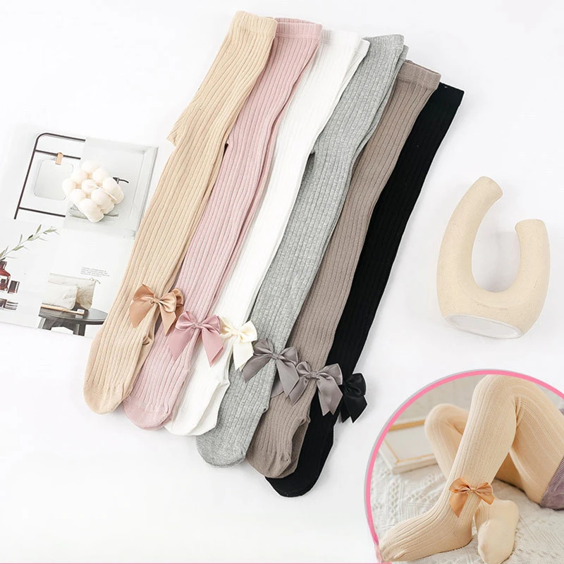 0-12 Years Old Children's Socks Autumn and Winter Baby Girl Leggings Vertical Stripe Solid Color Crotch Big Bow Girl's Pantyhose