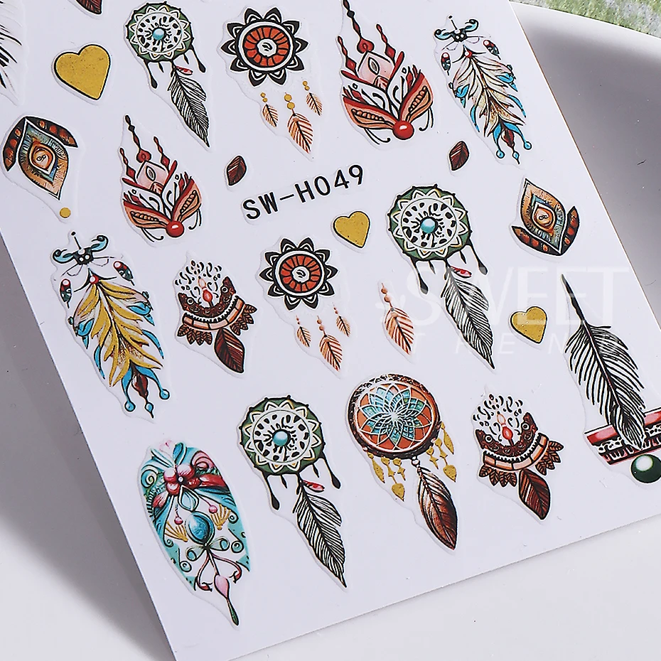 2 uds pegatina bohemia para uñas 3D bronceado corazón atrapasueños diseño de pétalos Retro pegatina adhesiva para uñas DIY decoración deslizante para manicura