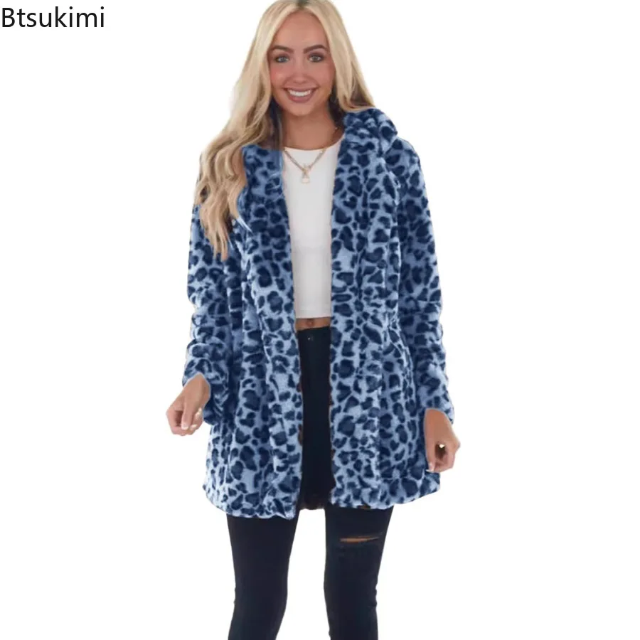 New Autumn Winter Women's Coats Fashion Leopard Print Faux Fur Mid-length Long Sleeve Coat Autumn Winter Warm Jacket with Pocket