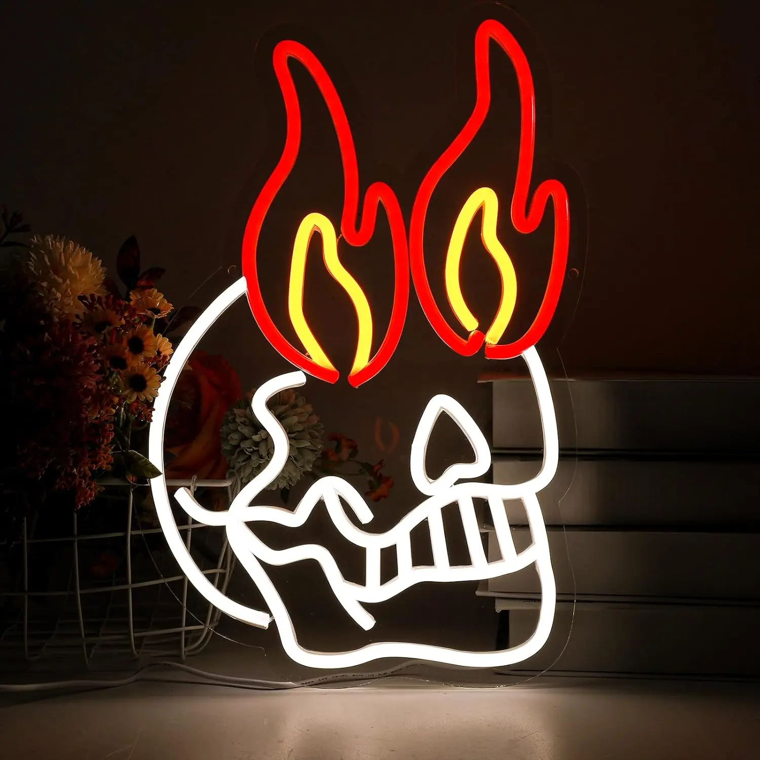 Flame Devil Horn Skull Neon Sign Dimmable Halloween Party Decor LED Neon Light Dark Style Bistro Club Store Bedroom Wall Lamp