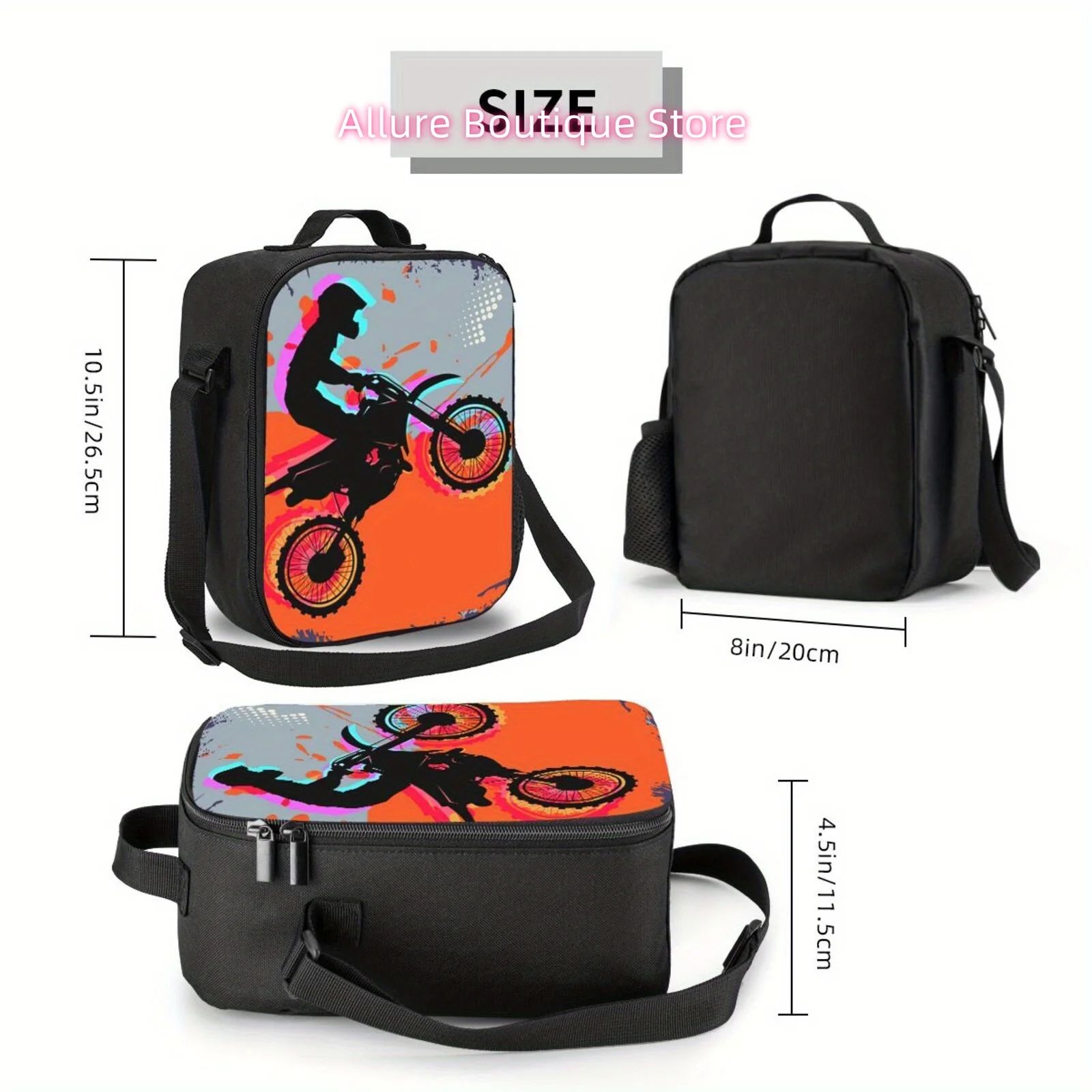 1pc Motocross Motorcycle Racer Insulated Lunch Bag - Reusable Bento Tote with Vibrant 2D Flat Print, Durable Polyester, Non-Food