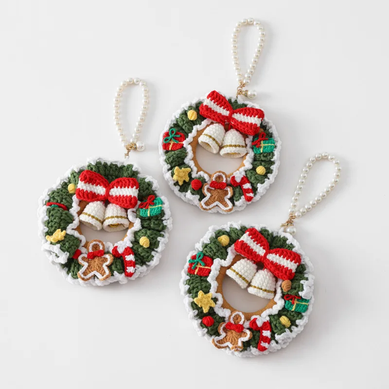

Вязаные крючком рождественские украшения ручной работы — подвески для сумок в виде пряничных человечков, бантов и колокольчиков оптом