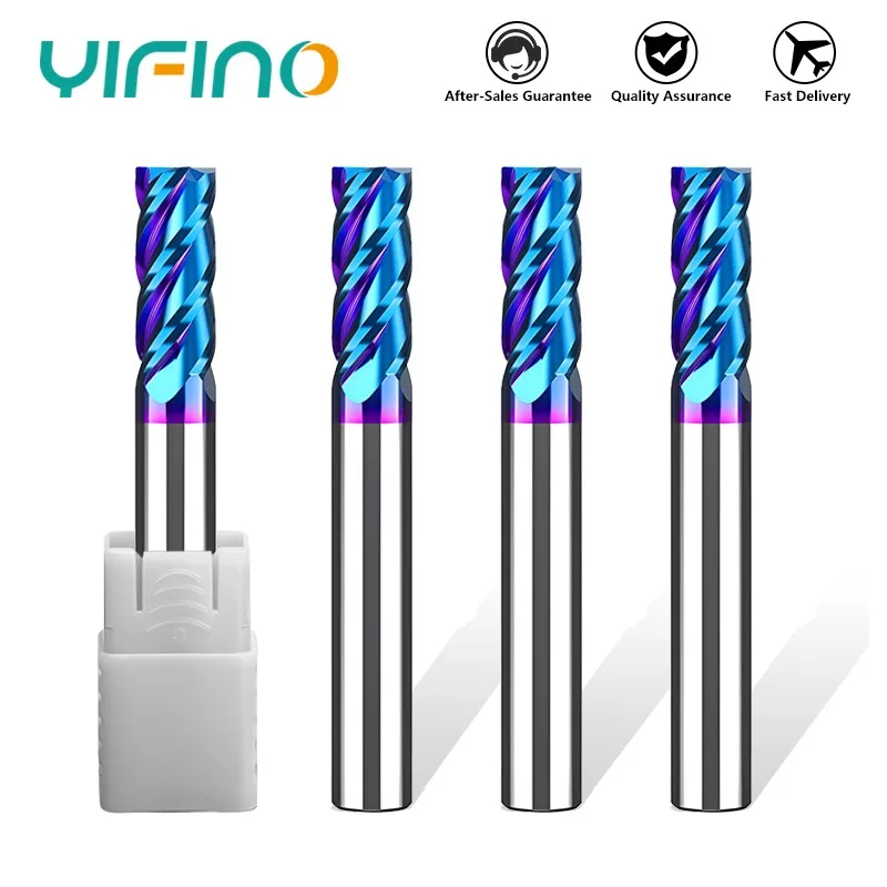 

YIFINO HRC70 4-Flute Milling Cutter Tungsten Steel Carbide Blue Nano Coating Flat End Mill For CNC Machining Endmills Tools