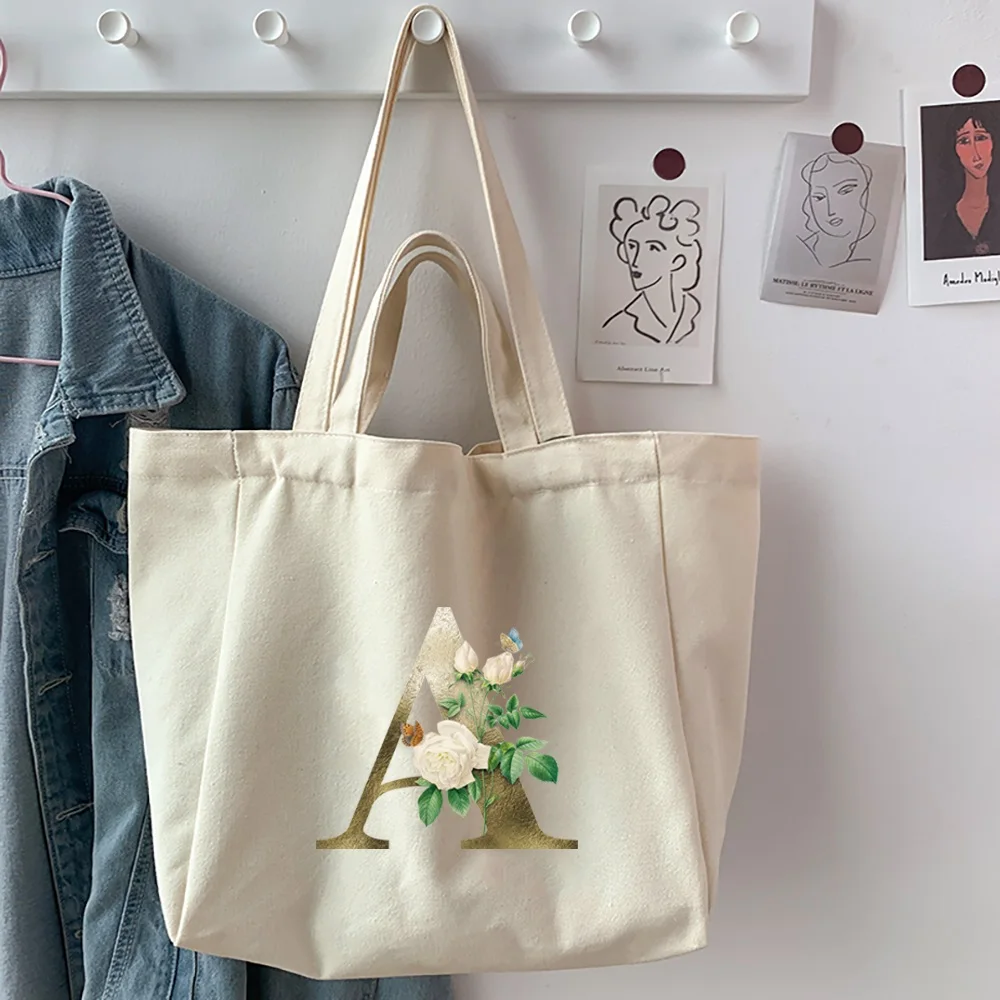 Shopping Bags Foldable Ladies Canvas Shoulder Bags Golden Flower Letter Name Printed Student Handbag Travel Work Totes Bags