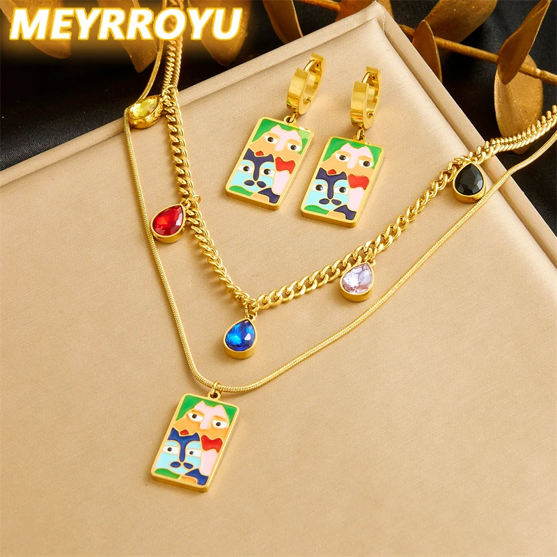 MEYRROYU 316L Acero inoxidable colorido dibujos animados gotas cuadradas aceite bicapa collar pendientes traje chica tendencia conjunto de joyería que no se decolora