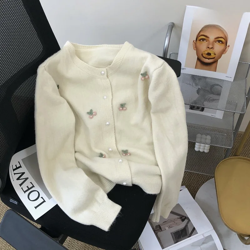 

Sweet Cherry Pearl Embroidery Sweater Jaet Women's Faion Design Knitted Outerwear Autumn Winter Thi Warm round Ne o...