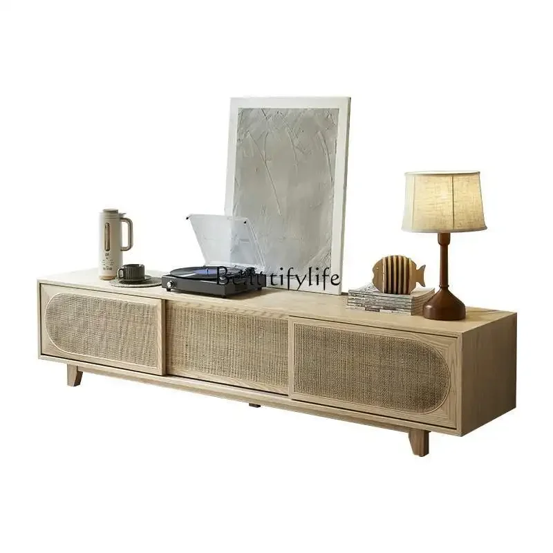 

Rattan solid wood TV cabinet household floor creative storage cabinet Nordic simple style