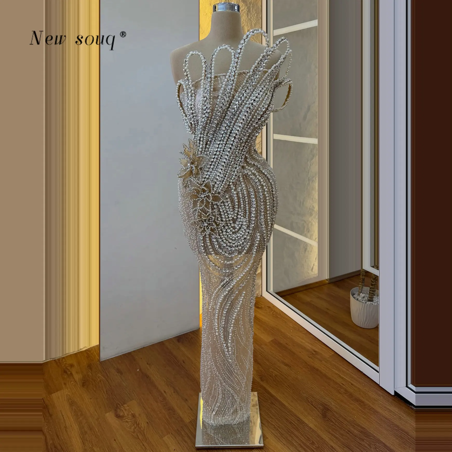 

Luxury Sparkle Heavy Crystals Pearls Beaded Evening Dresess Customized 2026 Dubai Nude Champagne Sheer Wedding Events Party Gown