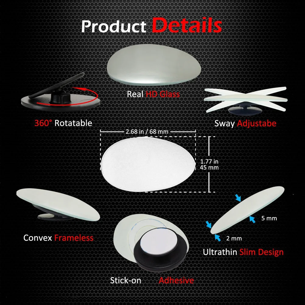 

Pair Egg Shape Blind Spot Mirror Frameless 360 Rotate Sway Adjustable Convex Rear View Car Stick on Lens Rear Blind Spot Mirror