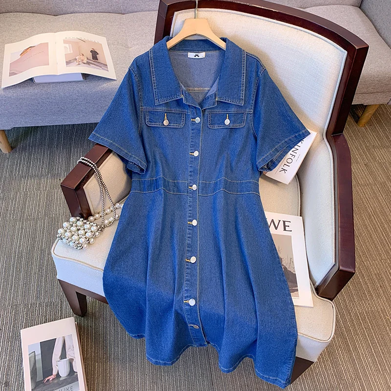 

Oversize XXL-6XL Women's Clothes Denim Dress Summer Short Sleeves Single-breasted Retro Jeans Dresses Thin Casual Maxi Dresses