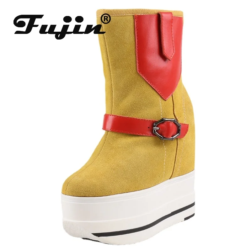 Fujin 14cm Cow Suede Genuine Leather Platform Wedge Winter Plush Women Boots Spring Warm Ankle Booties Autumn Warm Shoes Slip On