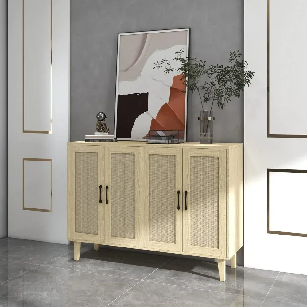 Buffet Storage Cabinet with Rattan Decorating 4 Doors Living Room Kitchen Sideboard 48.43 X 34.65 X 15 Inch (Natural Wood)