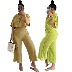 Casual Summer 2024 Women New Style Clothes High Waist Wide Leg Pants 2 Two Piece Outfits Button Down Ankle Loose Lounge Pant Set