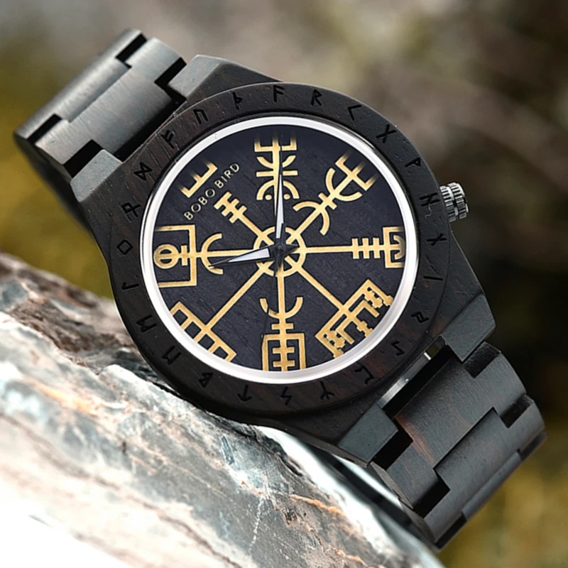 BOBO BIRD Viking Vegvisir Man\'s Wooden Watches Vintage Watch for Men Wood Clock