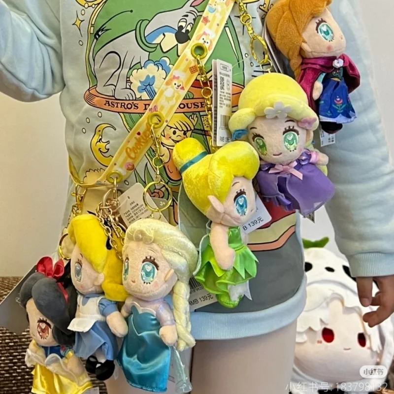 Original Disney Princess White Snow Pocahontas Anna Elsa Rapunzeltinker Bell Soft Q Version Plush Doll Toy Bag Pendant Decor