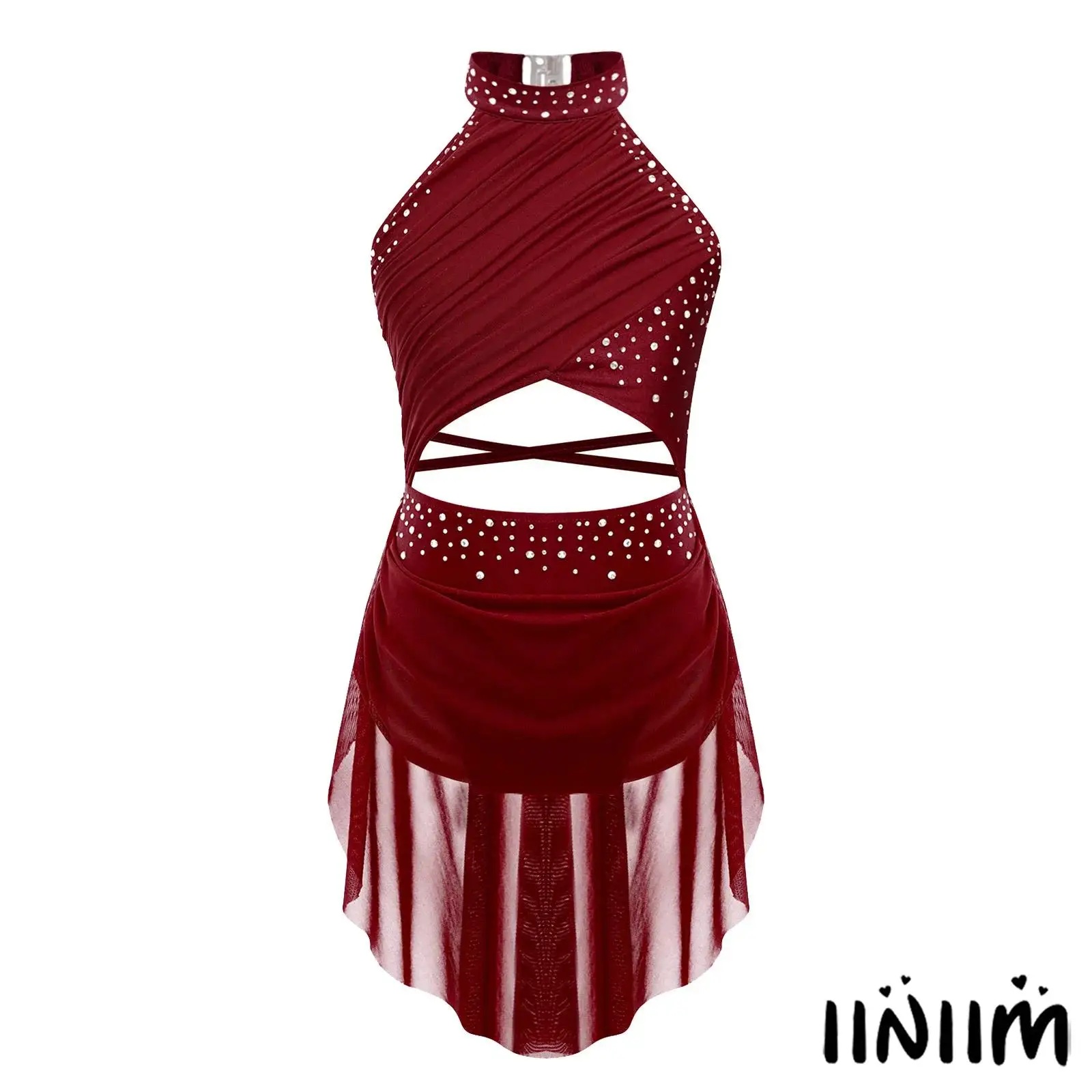 

Kids Girls Lyrical Dance Performance Dress Glittery Rhinestone Cutout Strappy Backless Ballet Leotard Dress Lyrical Dancewear