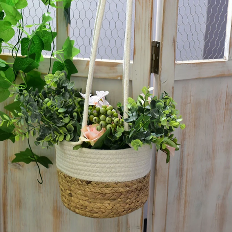 Cesta De Pendurado De Palha Redonda, Suporte De Flores, Decoração De Panela, Corda De Algodão, Tecido