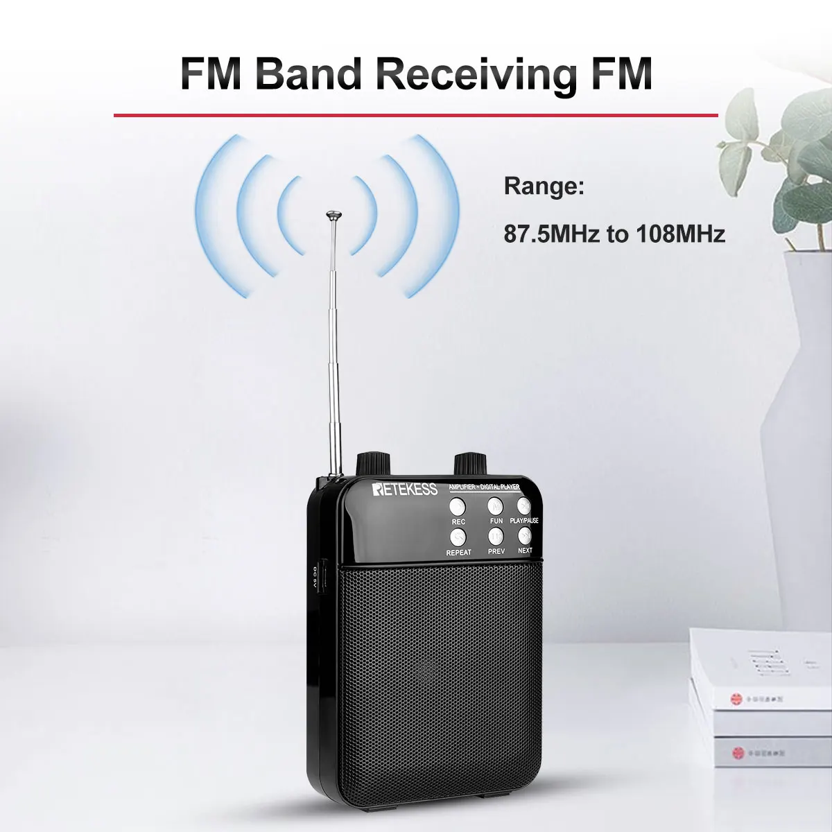 Retekess-TR619 메가폰 휴대용 3W FM 녹음 음성 증폭기, 교사 마이크 스피커 Mp3 플레이어 투어 가이드용 FM 라디오