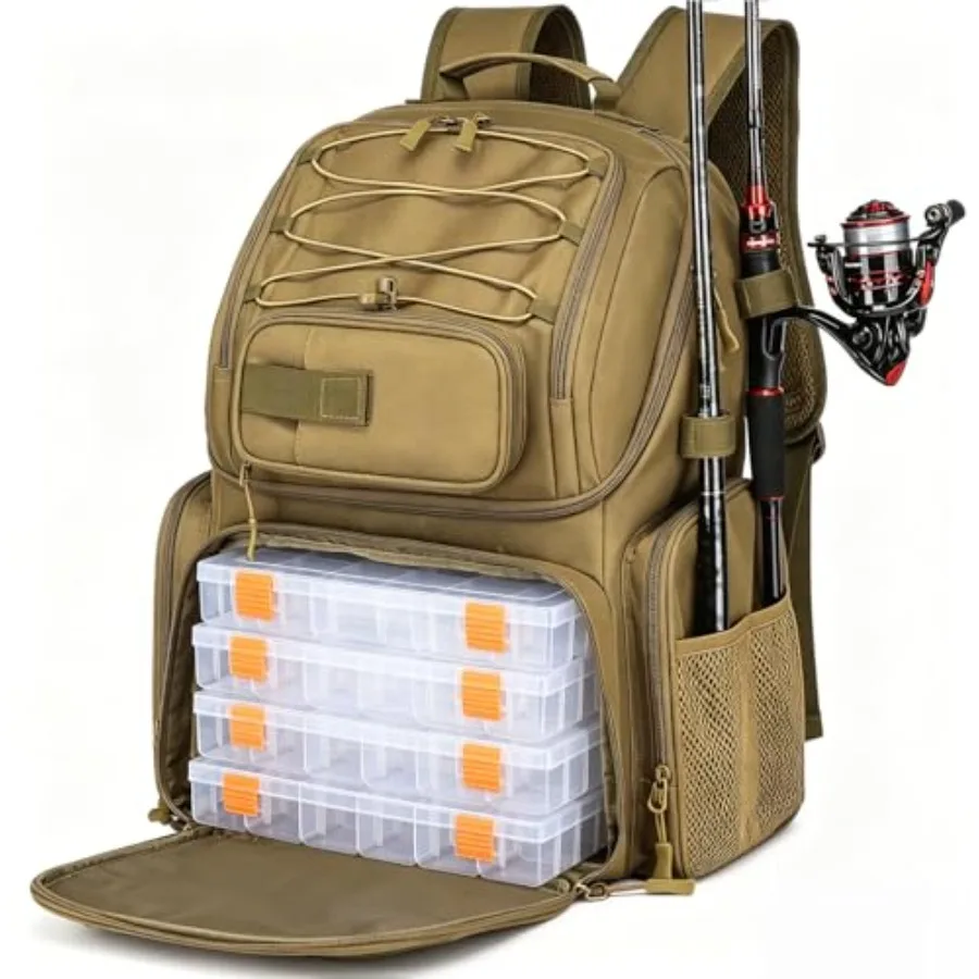 

Fishing Backpack with Tackle Boxes, 50L Fishing Tackle Bag with Cooler & Rod Holders, Waterproof Tackle Bag for Men