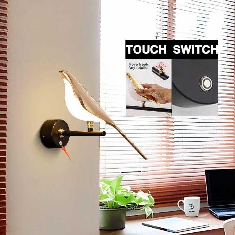 Magpie Bird Touch Switch LED Wall Lights Decor for Restaurant Stairs Indoor 360° RotatableLED Wall Lamps Wall Sconce for Bedside