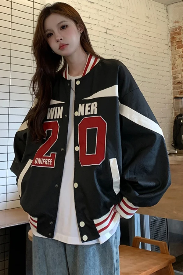 

​ ​ Винтажная бейсбольная куртка унисекс, кожаная заплатка, вышитая контрастная отделка, уличная одежда большого размера, осенняя модная верхняя одежда ​ ​