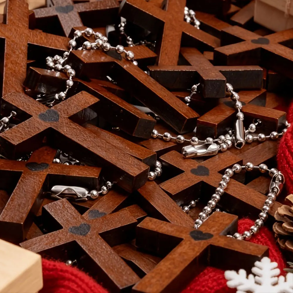 10/20pcs Wooden Cross Pendant with Black Heart Pattern Bead Chain Necklace Religious Faith Jewelry Gift