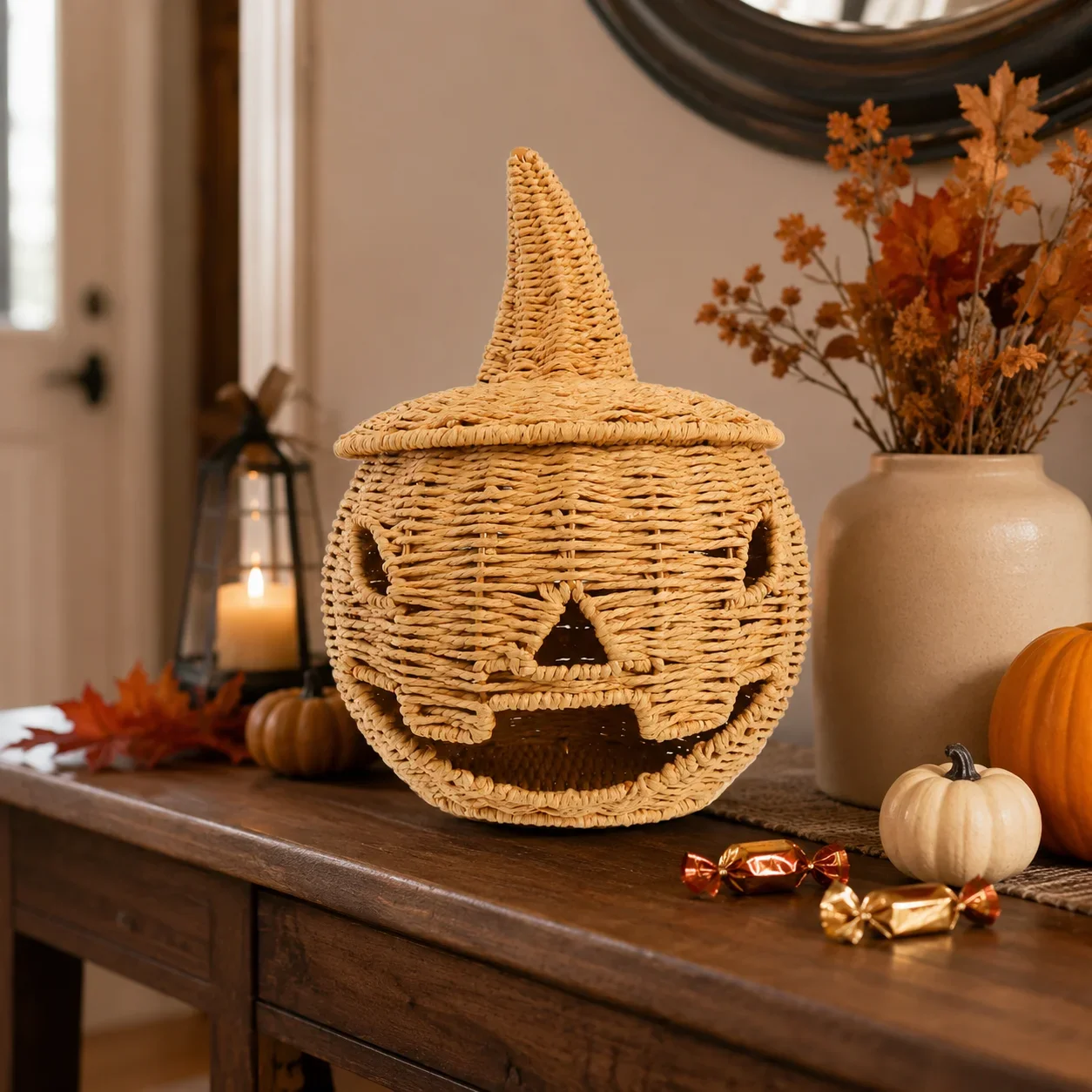 Halloween Pumpkin Candy Basket Woven Jack Lantern Trick Treat Bucket Handmade Witch Party Decor Gift Home Ornament